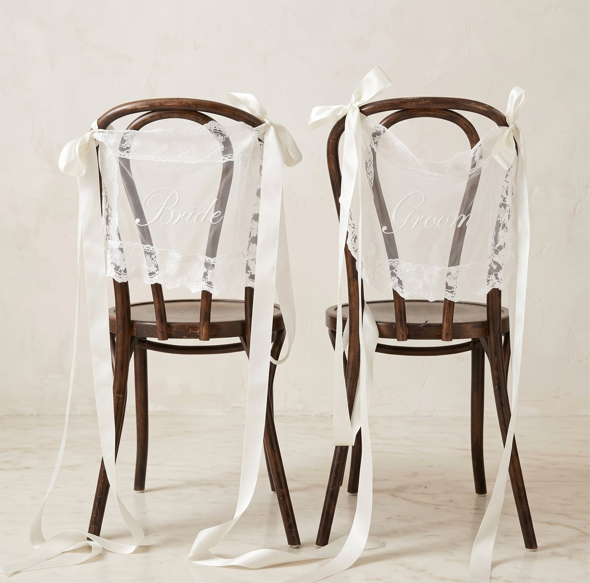 Bride & Groom Lace Chair Signs - 2'li Set